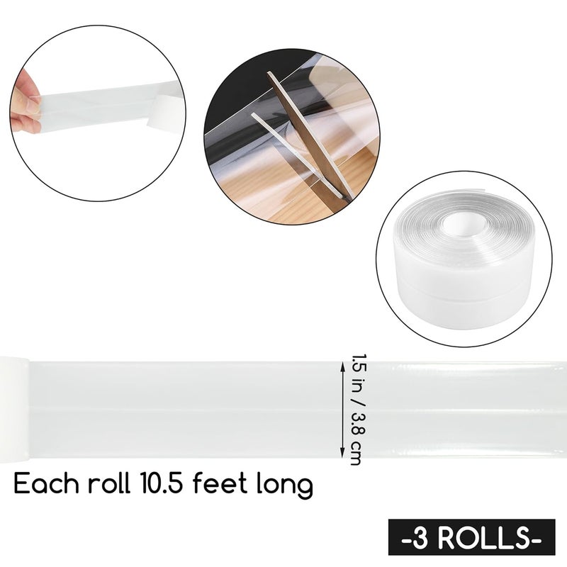 BHUCUTU 3 Rolls 1.5 Inch Caulk Tape Self Adhesive Toilet Caulking Strip Bathroom Sealing Caulk Strip Peel and Stick Bathtub Caulking Tape, 10.5 Feet Each Roll (Clear) - Image 2
